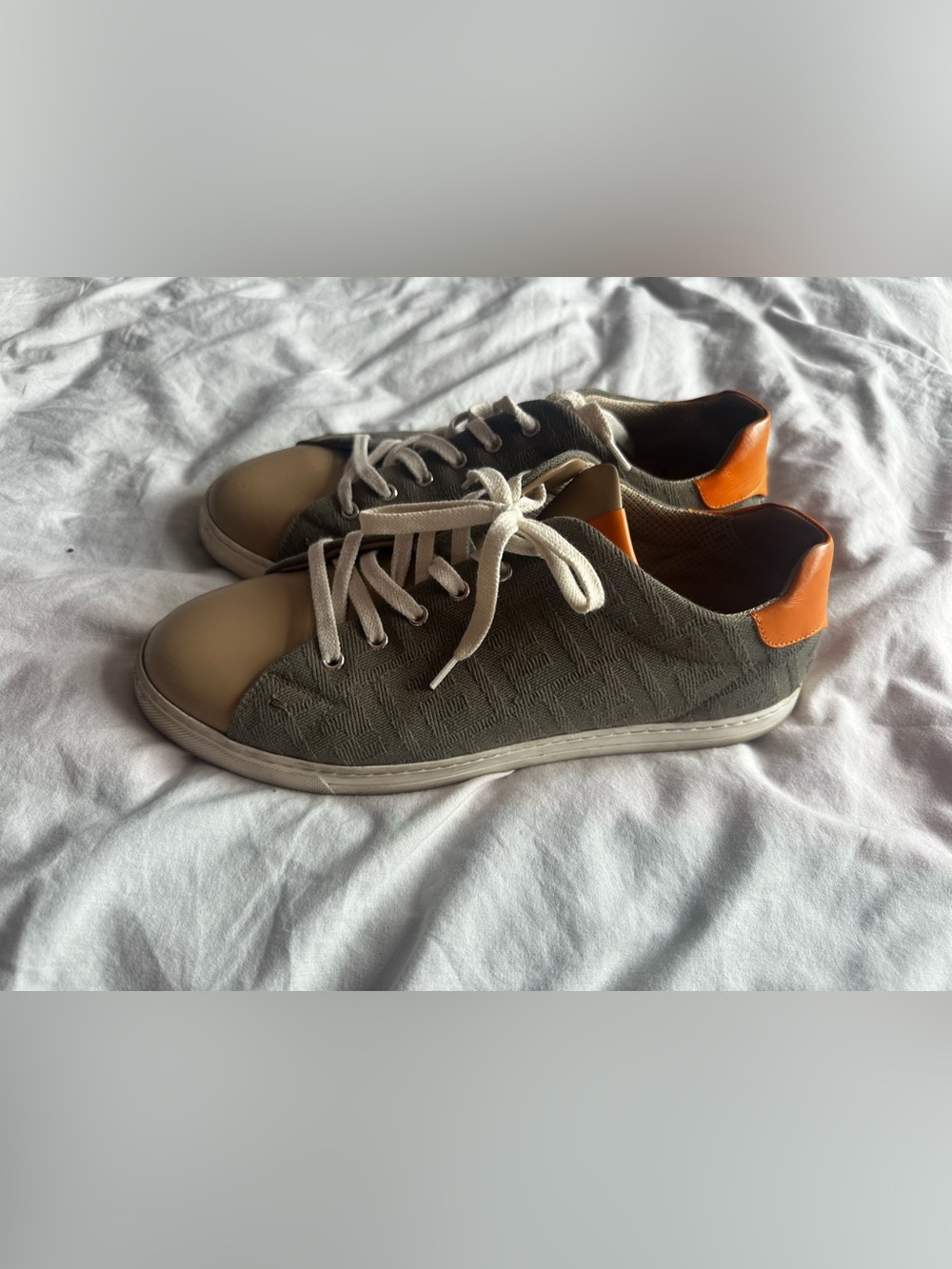 Fendi Streetwear Monogram Lace Up Sneakers Grey Orange Leather US 10
